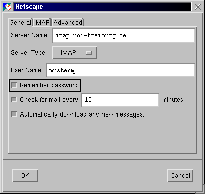 imap.uni-freiburg.de, IMAP, User Name, Remember password!